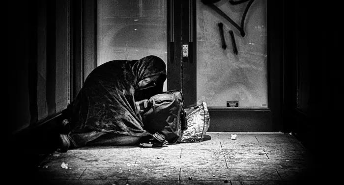 A person in a hooded blanket sits on a city sidewalk with their belongings.