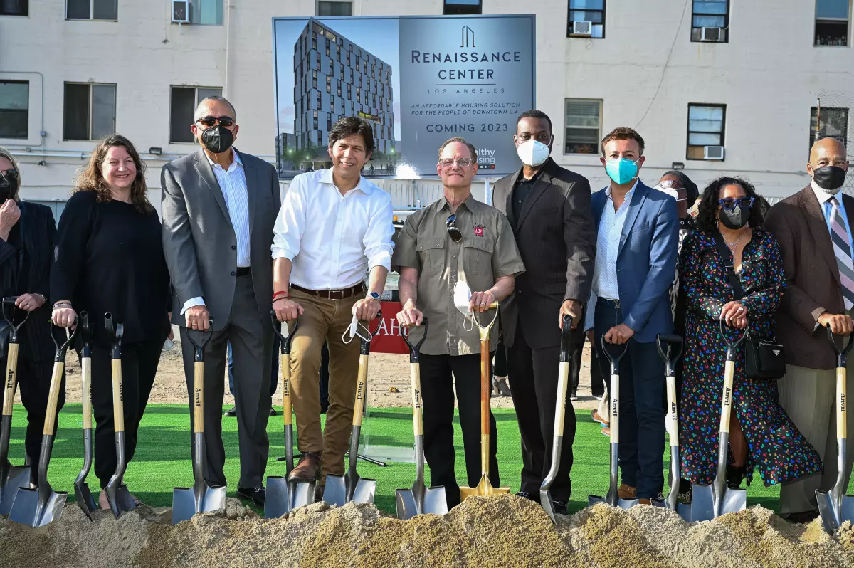 A groundbreaking ceremony takes place in 2022 at the site of a new housing project in Skid Row purchased by an AIDS Healthcare Foundation group.